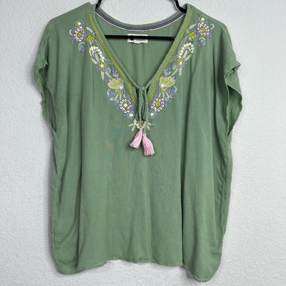 Floreat Shirt Womens S Green Embroidered‎ Boho Cottagecore Romantic Fairy Casual